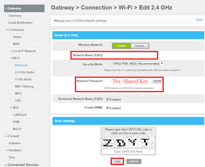 SSID and Password edit screen